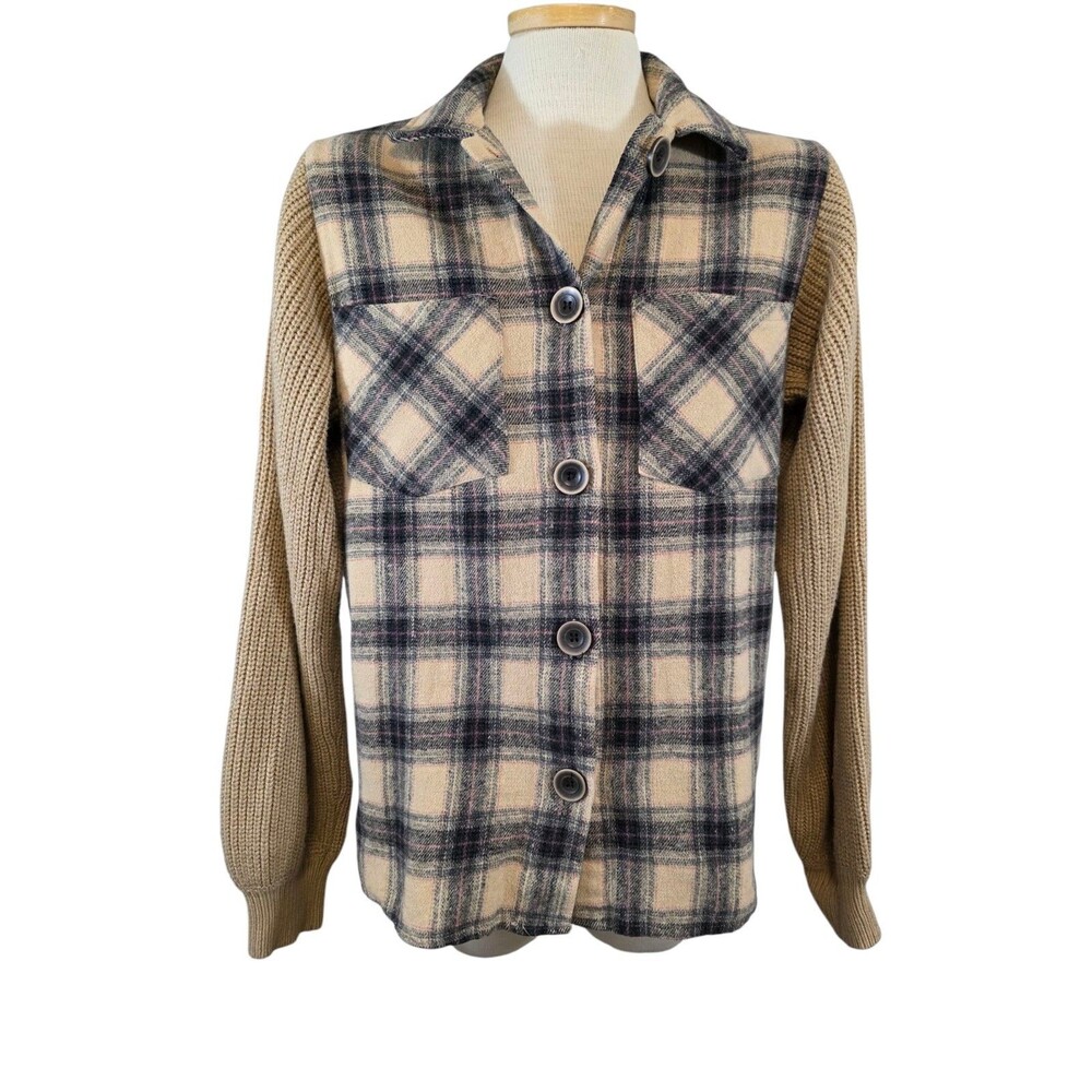 BKE Buckle Top Womans Small Tan Waffle Thermal Flannel Long-Sleeve Plaid Shacket